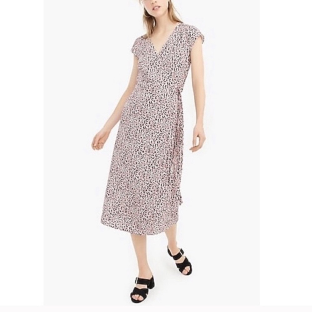 J. Crew Leopard Midi Pink White‎ Black Wrap Around Waist Tie Women Medium Dress